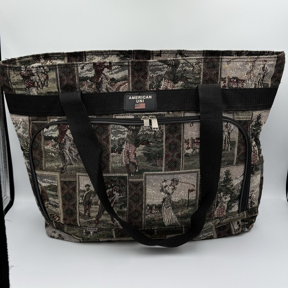 American‎ Uni Golf Scene Tapestry Tote Bag Front Zip Pocket Carryall